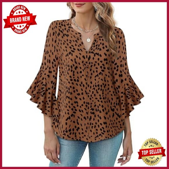 Chiffon Ruffle Sleeve V-Neck Blouse 3/4 Sleeve Button Down - Picture 3 of 8